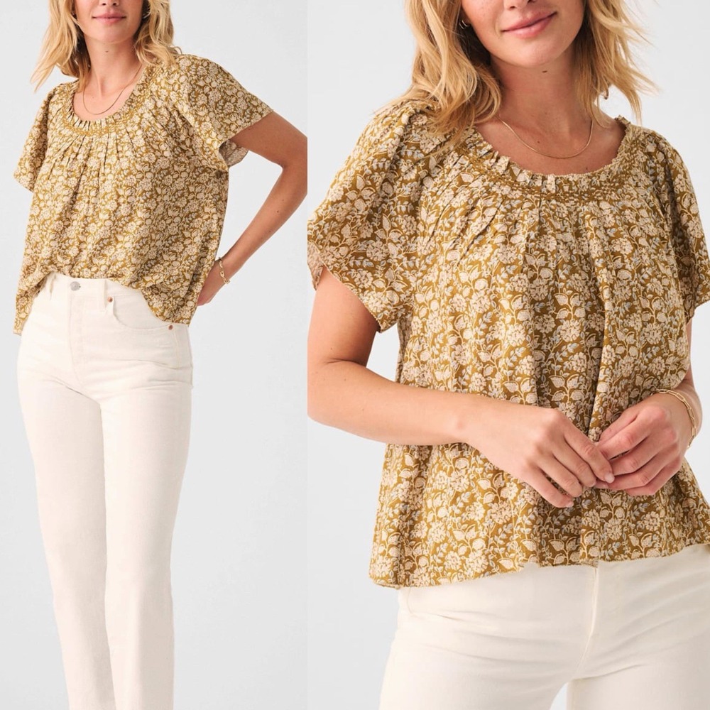 Faherty Mustard Floral Short-Sleeve Peasant Blouse